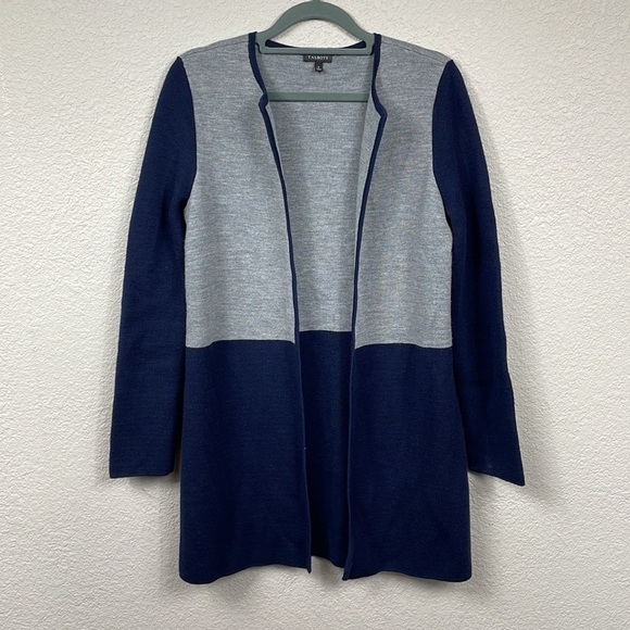 Talbots Wool Blend Color Block Open Front Cardigan Sweater Longline Navy Gray S - Picture 3 of 10